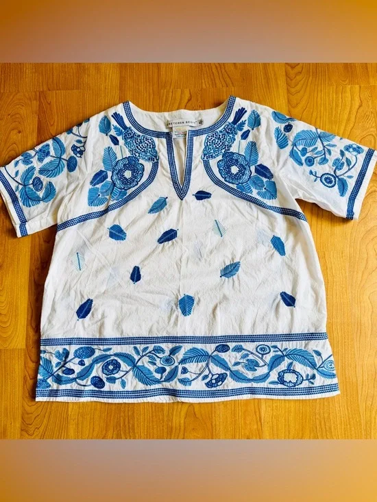 Gretchen Scott Women’s Blue Floral Pattern Embroidered Tunic Short Sleeve SizeXL - Picture 8 of 9